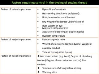 Factors requiring control in the dyeing of sewing thread
Factors of prime importance  Dyeability of substrate
 Heat-setting conditions (polyester):
 time, temperature and tension
 Dry weight of substrate Colour value of
dyes Weight of dye
 Moisture content of dye
 Accuracy of dissolving or dispersing dye
 Dyebath temperature
Factors of major importance  Liquor-to-goods ratio
 Weight of electrolyte (cotton dyeing) Weight of
auxiliary product
 Time of dyeing pH of dyeing
Factors of minor importance Yarn construction (e.g. twist) Degree of bleaching
(cotton) Degree of mercerisation (cotton) Size
content
 Temperature of drying before dyeing
 Water quality
 
