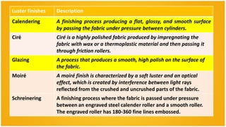 Luster finishes   Description
Calendering       A finishing process producing a flat, glossy, and smooth surface
                  by passing the fabric under pressure between cylinders.
Ciré              Ciré is a highly polished fabric produced by impregnating the
                  fabric with wax or a thermoplastic material and then passing it
                  through friction rollers.
Glazing           A process that produces a smooth, high polish on the surface of
                  the fabric.
Moiré             A moiré finish is characterized by a soft luster and an optical
                  effect, which is created by interference between light rays
                  reflected from the crushed and uncrushed parts of the fabric.
Schreinering      A finishing process where the fabric is passed under pressure
                  between an engraved steel calender roller and a smooth roller.
                  The engraved roller has 180-360 fine lines embossed.
 