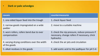 •    Dark or pale selvedges


causes                                        countermeasures

1. one-sided liquor feed into the trough      1. check liquor feed

2. narrow goods impregnated on a wide         2. move to a suitable machine
padder
3. worn rollers, rollers bend due to over     3. check the nip pressure, reduce pressure if
compensation                                  necessary, change rollers if necessary, chick
                                              hydraulics
4. varying drying conditions over the width   4. check the air jets and circulation
of the goods
5. alkali residues in the goods               5. add acetic acid to the padliquor for pH 5-6
 