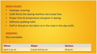 MAIN CAUSES:
  • Improper scouring.
  • Cloth fed to the dyeing machine not crease free.
  • Proper time & temperature not given in dyeing.
  • Defective padding roller.
  • Fluff or thread on the fabric or in the color in the dye stuffs.

  MENDING:
  Non-mendable.


Minor                     Major                           Serious
Up to 1 sq. cm            1 sq cm to 6 sq. cm             >6 sq cm
 
