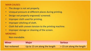MAIN CAUSES:
• The design is not set properly.
• Unequal pressure at different places during printing.
• Design not properly engraved/ screened.
• Improper cloth used for printing.
• Improper stitching of cloth.
• Cloth fed with uneven tension to the printing machine.
• Improper storage or cleaning of the screen.
MENDING:
  Non-mendable.

Minor             Major                            Serious
Not reckoned      Up to 15 cm along the length     > 15 cm along the length
 