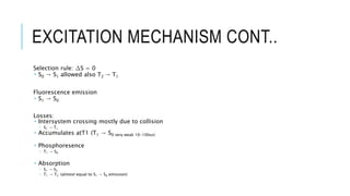 EXCITATION MECHANISM CONT..
Selection rule: ∆S = 0
 S0 → S1 allowed also T2 → T1
Fluorescence emission
 S1 → S0
Losses:
 Intersystem crossing mostly due to collision
 S1 → T1
 Accumulates atT1 (T1 → S0 very weak 10-100us)
 Phosphoresence
 T1 → S0
 Absorption
 S1 → S2
 T1 → T2 (almost equal to S1 → S0 emission)
 