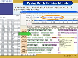 Dyeing Batch Planning Module
Ordered quantities can be broken down in manageable batches for
dyeing in available machines




                                                      Slide # 7
 