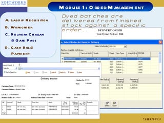 Dyed batches are delivered from finished stock against a specific order…. Slide # Module 1: Order Management A. Labdip Requisition B. Workorder C. Delivery Challan & Gate Pass D. Cash Bill & Payment 