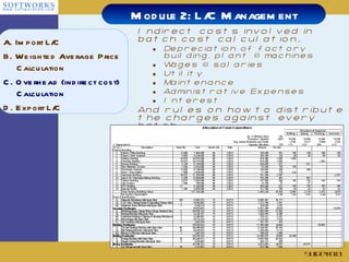 Indirect costs involved in batch cost calculation… Depreciation of factory building, plant & machines Wages & salaries Utility Maintenance Administrative Expenses Interest And rules on how to distribute the charges against every batch Module 2: L/C Management Slide # A. Import L/C B. Weighted Average Price Calculation C. Overhead (indirect cost) Calculation  D. Export L/C 
