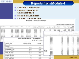 Reports from Module 4 Labdip Cost Sheet Dyes/Chemicals Consumption  Machine Idle Time Costing by Batch & Order Slide # 