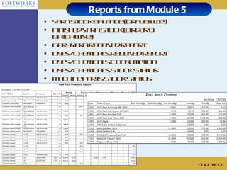 Reports from Module 5 Yarn Stock Balance (Gray & WIP) Finished Yarn Stock (Order & Batch-wise) Gary Yarn Received Report Dyes/Chemicals Received Report Dyes/Chemicals Consumption Dyes/Chemicals Stock Status Machine Parts Stock Status Slide # 