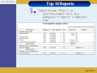 Top 10 Reports Machine Parts Consumption by Department/Machine Slide # 10 
