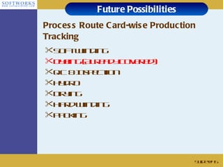 Future Possibilities Process Route Card-wise Production Tracking Slide # Soft Winding Dyeing (Already covered) QC & Inspection Hydro Drying Hard Winding Packing 