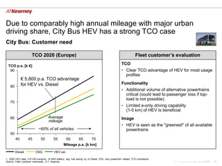 Due to comparably high annual mileage with major urban
driving share, City Bus HEV has a strong TCO case
City Bus: Customer need

                      TCO 2020 (Europe)                                                                           Fleet customer‟s evaluation

  TCO p.a. [k €]
                                                                                                      TCO
   90                                                                                                 • Clear TCO advantage of HEV for most usage
                                                                                                        profiles
             € 5,800 p.a. TCO advantage
             for HEV vs. Diesel                                                                       Functionality
   80
                                                                                                      • Additional volume of alternative powertrains
                                                                                                        critical (could lead to passenger loss if top-
                                                                                                        load is not possible)
   70
                                                                                                      • Limited e-only driving capability
                                                                                                        (1-5 km) of HEV is beneficial
   60                                Average                                                          Image
                                     mileage
                                                                                                      • HEV is seen as the "greenest" of all available
                            ~60% of all vehicles                                                        powertrains
   50
        40         45         50          55         60         65         70
                                                  Mileage p.a. [k km]
        Diesel            CNG             HEV ser.

1. 2020 HEV data: 210 kW e-engine, 14 kWh battery; avg. fuel saving cp. to Diesel: 23%; only powertrain related TCO considered
Source: Fleet customer interviews,, A.T. Kearney                                                                                  A.T. Kearney xx/mm.yyyy/00000   8
 