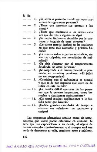 S í No
1. ¿Se altera o perturba erando no logra con­
vencer de algo a otras personas?
2. ¿Tiene que anunciar sus proezas a los
demás?
3. ¿Tiene que contárselo a los demás cada
vez que derrota a alguien en algo?
4. ¿Se siente fácilmente ofendido por la con­
ducta o lenguaje de otras personas?
3. ¿L e cuesta m entir, incluso en las ocasiones
en que sería más razonable y práctico ha­
cerlo?
6 . ¿L e resulta arduo o penoso reivindicar, sin
sentirse culpable,- sus necesidades de inri-
nid sd ?
7. ¿Se deja abrumar por el temperamento
desabrido de otras personas?
8 . ¿Se sorprende a sí mismo diciendo o pen­
sando, en excesivas ocasiones: «É l (ella)
no me comprende»?
9. ¿Considera que el sufrimiento es natural
y que se da por supuesto que usted ha de
sufrir en este mundo?
10. ¿Le resulta difícil apartarse de las perso­
nas que 1c parecen importunas, como bo­
rrachos o charlatanes embaucadores?
11. ¿D a usted muchas explicaciones y le fas­
tidia tener que hacerlo?
12. ¿Dedica grandes cantidad« de tiempo a
analizar sos relación« con parientes y
amigos?
Las respuestas afirmativas señalan zonas de some­
timiento que usted puede esforzarse en elim inar. Si
tiene que dar explicaciones a los demás, al objeto de
hacerse entender constantem ente, o si siempre está tra­
tando de demostrar su valía, mediante actos y palabras,
142
ñmoñfupgoftZULPOÑQueesHeñMOSñ.puññv cñístñunñ
 