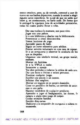 mente creadora, pero, ya de entrada, comenzó a caer de
nuevo en sus baches depresivos, cuando la animé a elegir
algunos actos específicos. Se quejó de que no sabía qué
hacer y, en consecuencia, no haría nada. De forma que
le entregué la siguiente lista de actividades potenciales,
todas las cuales podría llevar a cabo.
Dar una vuelta a la manzana, con paso vivo.
Jugar con una pelota.
Ir a una biblioteca y charlar con la bibliotecaria.
Presentarse a cinco desconocidos.
Tomar lecciones de yoga.
Aprender pasos de baile.
Seguir un curso educativo para adultos.
Prestar servido voluntario en una casa de reposo.
Ir a un aeropuerto y observar la conducta de los
que se despiden.
Organizar una tómbola vecinal, un grupo teatral,
etcétera.
Montar en biddeta.
Ir a la YW CA a nadar.
Someterse a masaje.
Ver diez películas y redactar la crítica de cada una.
Dar una fiesta c invitar a veinte personas.
Practicar cualquier juego.
Escribir una poesía o un cuento.
Solidtar diez empleos.
Montar un negodo en su propio domicilio.
Crear un periódico de barrio, un servido de anun-
áo s o una peña.
Hacerse vendedora de cualquier producto.
Aprender a jugar al backgammon, las damas, la
canasta o algún otro juego de naipes.
Cuidar animales heridos.
Escribir diez cartas.
Dedicarse a la ocupidón de «canguro» o niñera re­
munerada.
3 0 8
ñm o Ñfueoo ñzul POÑQueesHefíMOSÑ. puññ vcñístñunñ
 