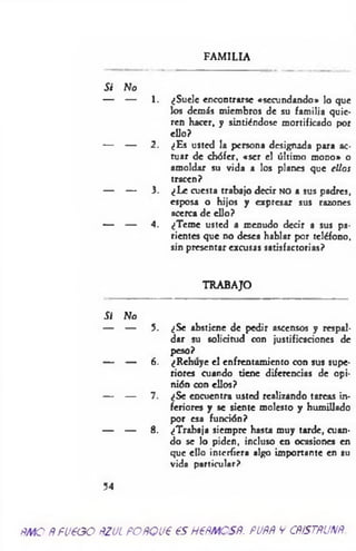 FAMILIA
Si No
— — 1. ¿Sude encontrarse «secundando» lo que
los demás miembros de su familia quie­
ren hacer, y sintiéndose mortificado por
ello?
— — 2. ¿Es usted la persona designada para ac­
tuar de chófer, «ser el último mono» o
amoldar su vida a los planes que ellos
tracen?
— — 3. ¿Le cuesta trabajo decir N O a sus padres,
esposa o hijos y expresar sus razones
acerca de ello?
— — 4. ¿Teme usted a menudo decir a sus pa­
rientes que no desea hablar por teléfono,
sin presentar excusas satisfactorias?
TRABAJO
Si No
— — 5. ¿Se abstiene de pedir ascensos y respal­
dar su solicitud con justificaciones de
peso?
— — 6. ¿Rehuye el enfrentamiento con sus supe­
riores cuando tiene diferencias de opi­
nión con ellos?
— — 7. ¿Se encuentra usted realizando tareas in­
feriores y se siente molesto y humillado
por esa función?
— — 8. ¿Trabaja siempre hasta muy tarde, cuan­
do se lo piden, incluso en ocasiones en
que ello interfiera algo importante en su
vida particular?
34
ÑMO ÑfUéOO ÑZUL POÑQUP 6S H6ÑMOSÑ. PUÑÑ V CñíSTÑUNÑ.
 