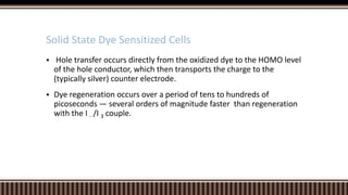 Solid State Dye Sensitized Cells


Hole transfer occurs directly from the oxidized dye to the HOMO level
of the hole conductor, which then transports the charge to the
(typically silver) counter electrode.



Dye regeneration occurs over a period of tens to hundreds of
picoseconds — several orders of magnitude faster than regeneration
with the I - /I 3 couple.

 