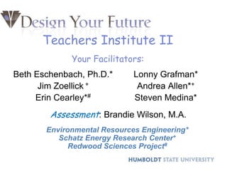 Teachers Institute IIYour Facilitators: Beth Eschenbach, Ph.D.* Jim Zoellick + Erin Cearley*# Lonny Grafman* Andrea Allen*+ Steven Medina* Assessment: Brandie Wilson, M.A. Environmental Resources Engineering* Schatz Energy Research Center+ Redwood Sciences Project# 