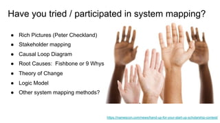Have you tried / participated in system mapping?
https://namescon.com/news/hand-up-for-your-start-up-scholarship-contest/
● Rich Pictures (Peter Checkland)
● Stakeholder mapping
● Causal Loop Diagram
● Root Causes: Fishbone or 9 Whys
● Theory of Change
● Logic Model
● Other system mapping methods?
 