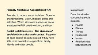 Friendly Neighbour Association (FNA)
Founded to reduce social isolation. Open to
changing name, vision, mission, goals and
activities. Which kinds and aspects of social
isolation the FNA could work on, and how.
Social isolation means: The absence of
social relationships and contact. People of
all ages can be socially isolated if they have
little or no contact or support from family,
friends and other people.
Instructions:
Draw the situation
surrounding social
isolation:
● People
● Places
● Things
● Resources
● Issues
● Relationships
between them
 