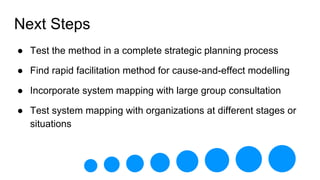 Next Steps
● Test the method in a complete strategic planning process
● Find rapid facilitation method for cause-and-effect modelling
● Incorporate system mapping with large group consultation
● Test system mapping with organizations at different stages or
situations
 