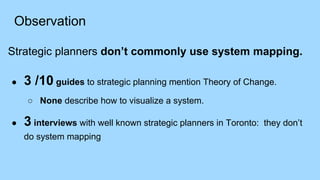 Observation
Strategic planners don’t commonly use system mapping.
● 3 /10 guides to strategic planning mention Theory of Change.
○ None describe how to visualize a system.
● 3 interviews with well known strategic planners in Toronto: they don’t
do system mapping
 