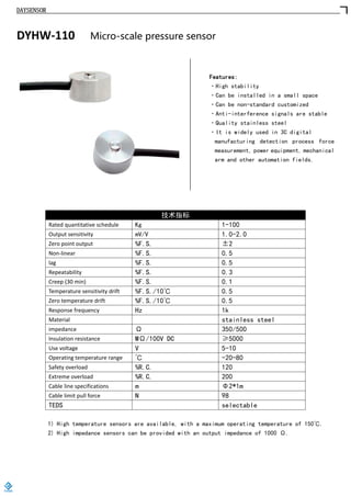 DAYSENSOR
DYHW-110 Micro-scale pressure sensor
Features:
·High stability
·Can be installed in a small space
·Can be non-standard customized
·Anti-interference signals are stable
·Quality stainless steel
·It is widely used in 3C digital
manufacturing detection process force
measurement, power equipment, mechanical
arm and other automation fields.
技术指标
Rated quantitative schedule Kg 1-100
Output sensitivity mV/V 1.0-2.0
Zero point output %F.S. ±2
Non-linear %F.S. 0.5
lag %F.S. 0.5
Repeatability %F.S. 0.3
Creep (30 min) %F.S. 0.1
Temperature sensitivity drift %F.S./10℃ 0.5
Zero temperature drift %F.S./10℃ 0.5
Response frequency Hz 1k
Material stainless steel
impedance Ω 350/500
Insulation resistance MΩ/100V DC ≥5000
Use voltage V 5-10
Operating temperature range ℃ -20-80
Safety overload %R.C. 120
Extreme overload %R.C. 200
Cable line specifications m Φ2*1m
Cable limit pull force N 98
TEDS selectable
1) High temperature sensors are available, with a maximum operating temperature of 150℃.
2) High impedance sensors can be provided with an output impedance of 1000 Ω.
https://www.loadcells.store
 