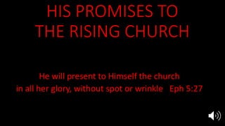 HIS PROMISES TO
THE RISING CHURCH
Awake sleeper, and rise from the dead,
and Christ will shine upon you Eph 5:14
He will present to Himself the church
in all her glory, without spot or wrinkle Eph 5:27
Rise and shine for your light has come,
the glory of the Lord has risen upon you Is 60:1
 