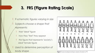 3.3. FRS (Figure Rating Scale)FRS (Figure Rating Scale)
 9 schematic figures varying in size
 Subjects choose a shape that
represents:
 their "ideal" figure
 how they "feel" they appear
 the figure that represents "society’s
ideal" female figure
 Used to determine perception of
body shape
 