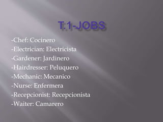 -Chef: Cocinero
-Electrician: Electricista
-Gardener: Jardinero
-Hairdresser: Peluquero
-Mechanic: Mecanico
-Nurse: Enfermera
-Recepcionist: Recepcionista
-Waiter: Camarero
 