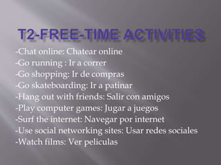 -Chat online: Chatear online
-Go running : Ir a correr
-Go shopping: Ir de compras
-Go skateboarding: Ir a patinar
-Hang out with friends: Salir con amigos
-Play computer games: Jugar a juegos
-Surf the internet: Navegar por internet
-Use social networking sites: Usar redes sociales
-Watch films: Ver peliculas
 