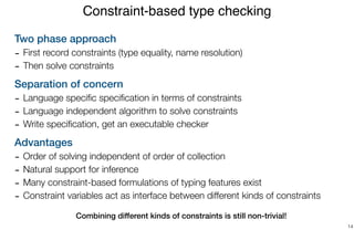 Two phase approach
- First record constraints (type equality, name resolution)
- Then solve constraints
Separation of concern
- Language speciﬁc speciﬁcation in terms of constraints
- Language independent algorithm to solve constraints
- Write speciﬁcation, get an executable checker
Advantages
- Order of solving independent of order of collection
- Natural support for inference
- Many constraint-based formulations of typing features exist
- Constraint variables act as interface between different kinds of constraints
 
Combining different kinds of constraints is still non-trivial!
Constraint-based type checking
14
 