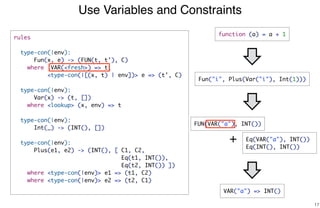 Use Variables and Constraints
17
Eq(VAR("a"), INT())
Eq(INT(), INT())
+
VAR("a") => INT()
rules
type-con(|env):
Fun(x, e) -> (FUN(t, t'), C)
where !VAR(<fresh>) => t;
<type-con(|[(x, t) | env])> e => (t', C)
type-con(|env):
Var(x) -> (t, [])
where <lookup> (x, env) => t
type-con(|env):
Int(_) -> (INT(), [])
type-con(|env):
Plus(e1, e2) -> (INT(), [ C1, C2,
Eq(t1, INT()),
Eq(t2, INT()) ])
where <type-con(|env)> e1 => (t1, C2)
where <type-con(|env)> e2 => (t2, C1)
function (a) = a + 1
Fun("i", Plus(Var("i"), Int(1)))
FUN(VAR("a"), INT())
 