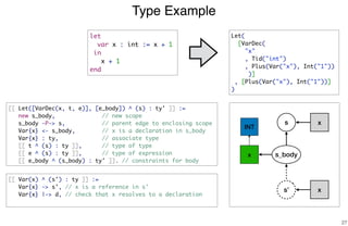 Type Example
27
s
s_bodyx
x
[[ Let([VarDec(x, t, e)], [e_body]) ^ (s) : ty' ]] :=
new s_body, // new scope
s_body -P-> s, // parent edge to enclosing scope
Var{x} <- s_body, // x is a declaration in s_body
Var{x} : ty, // associate type
[[ t ^ (s) : ty ]], // type of type
[[ e ^ (s) : ty ]], // type of expression
[[ e_body ^ (s_body) : ty' ]]. // constraints for body
[[ Var(x) ^ (s') : ty ]] :=
Var{x} -> s', // x is a reference in s'
Var{x} |-> d, // check that x resolves to a declaration
s’
x
let
var x : int := x + 1
in
x + 1
end
Let(
[VarDec(
"x"
, Tid("int")
, Plus(Var("x"), Int("1"))
)]
, [Plus(Var("x"), Int("1"))]
)
INT
 