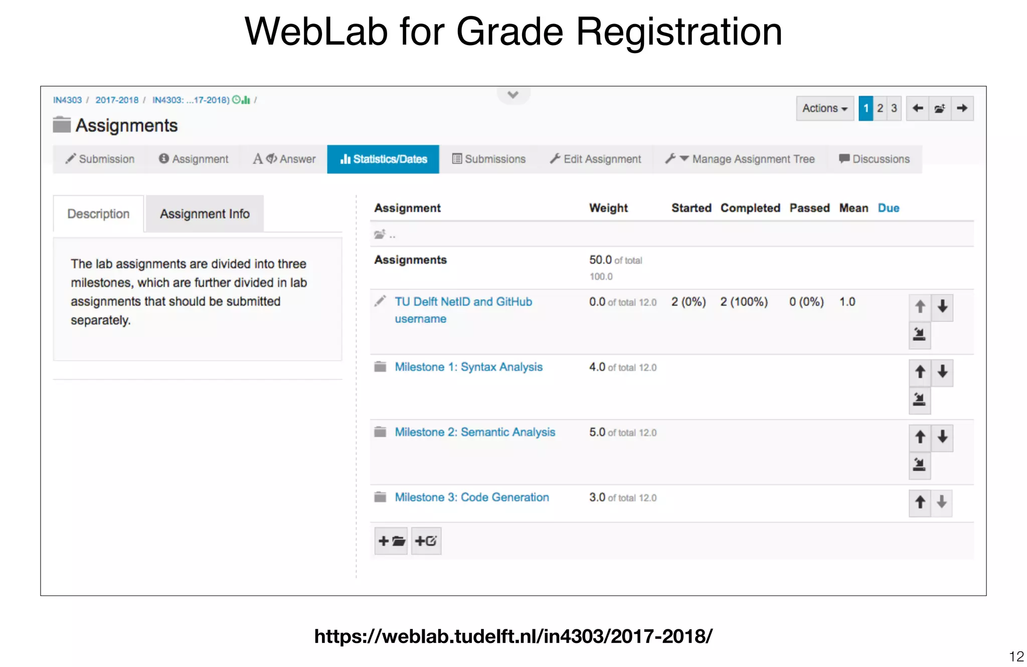 WebLab for Grade Registration
12
https://weblab.tudelft.nl/in4303/2017-2018/
 