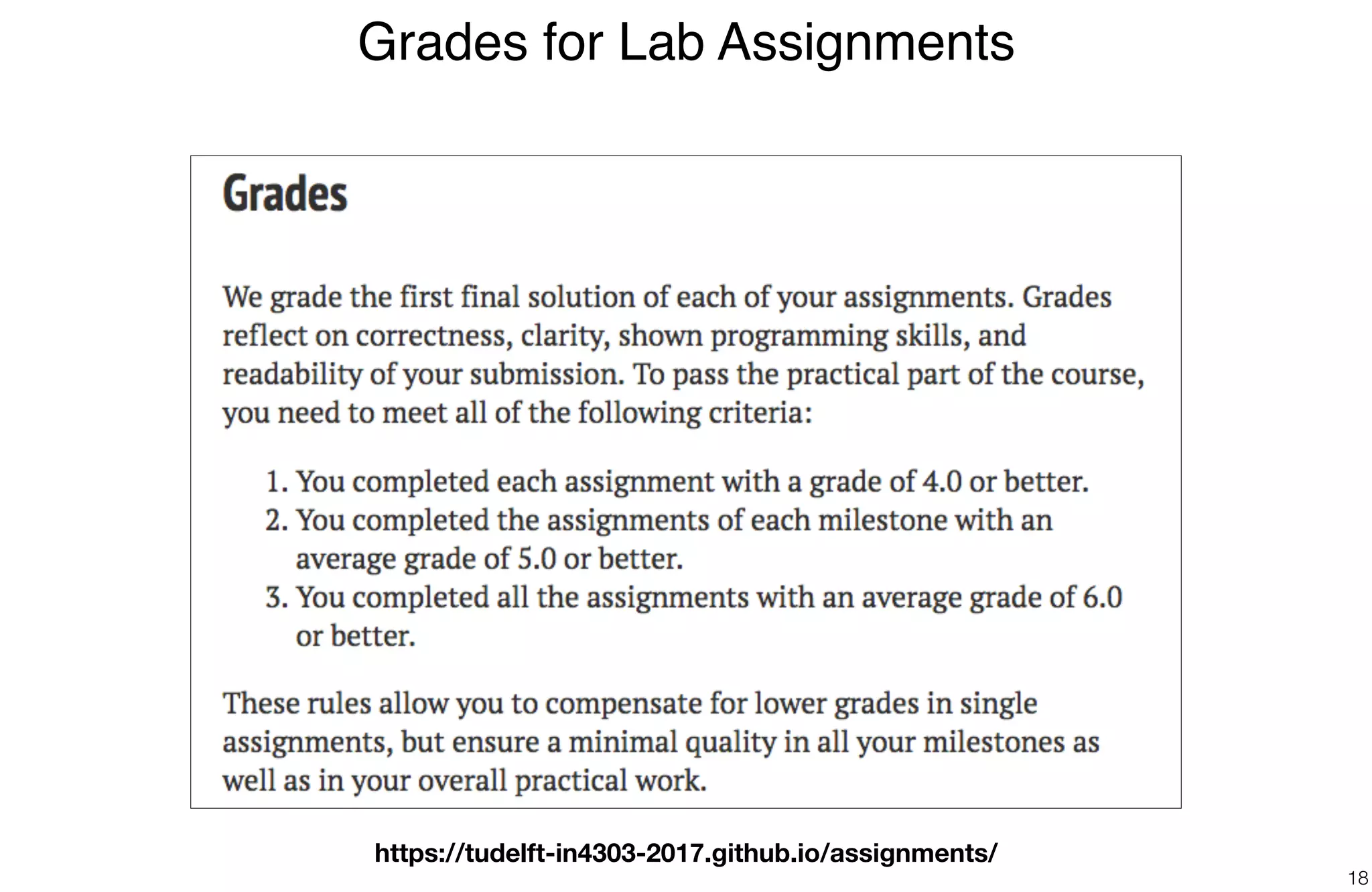 Grades for Lab Assignments
18
https://tudelft-in4303-2017.github.io/assignments/
 