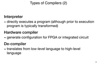 Interpreter
- directly executes a program (although prior to execution
program is typically transformed)

Hardware compiler
- generate conﬁguration for FPGA or integrated circuit

De-compiler
- translates from low-level language to high-level
language
Types of Compilers (2)
38
 