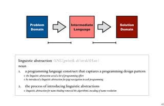 43
Intermediate
Language
linguistic abstraction | liNGˈgwistik abˈstrakSHən |
noun
1. a programming language construct that captures a programming design pattern
the linguistic abstraction saved a lot of programming eﬀort
he introduced a linguistic abstraction for page navigation in web programming
2. the process of introducing linguistic abstractions
linguistic abstraction for name binding removed the algorithmic encoding of name resolution
Problem
Domain
Solution
Domain
 