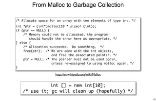 From Malloc to Garbage Collection
46
/* Allocate space for an array with ten elements of type int. */
int *ptr = (int*)malloc(10 * sizeof (int));
if (ptr == NULL) {
/* Memory could not be allocated, the program
should handle the error here as appropriate. */
} else {
/* Allocation succeeded. Do something. */
free(ptr); /* We are done with the int objects,
and free the associated pointer. */
ptr = NULL; /* The pointer must not be used again,
unless re-assigned to using malloc again. */
}
http://en.wikipedia.org/wiki/Malloc
int [] = new int[10];
/* use it; gc will clean up (hopefully) */
 