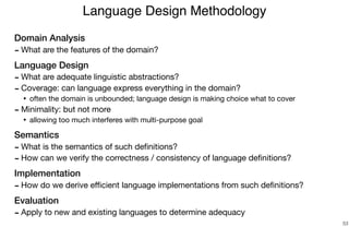 Domain Analysis
- What are the features of the domain?

Language Design
- What are adequate linguistic abstractions?

- Coverage: can language express everything in the domain?

‣ often the domain is unbounded; language design is making choice what to cover

- Minimality: but not more

‣ allowing too much interferes with multi-purpose goal

Semantics
- What is the semantics of such deﬁnitions?

- How can we verify the correctness / consistency of language deﬁnitions?

Implementation
- How do we derive eﬃcient language implementations from such deﬁnitions?

Evaluation
- Apply to new and existing languages to determine adequacy
Language Design Methodology
53
 