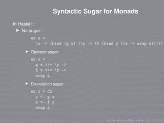 Syntactic Sugar for Monads
In Haskell:
No sugar:
ex x =
x -> (bind (g x) (y -> (f (bind y (z -> wrap z)))))
Operator sugar...