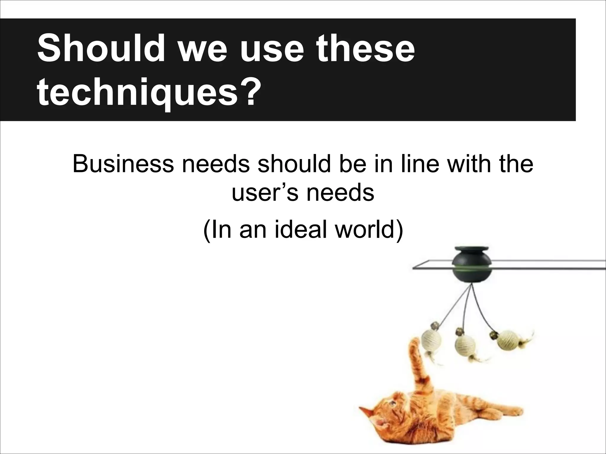 Should we use these
techniques?
Business needs should be in line with the
user’s needs
(In an ideal world)

 