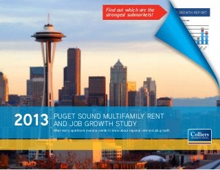 Find out which are the
strongest submarkets!

2013 Puget sound Multifamily rent and Job growth report
sales volume
Sales Volume
$2,500,000,000
$2,000,000,000
$1,500,000,000
$1,000,000,000
$500,000,000
$-

King

2013

Pierce

Snohomish

Puget sound Multifamily rent
and Job growth study
What every apartment investor needs to know about regional rent and job growth

Colliers International Seattle

1

 
