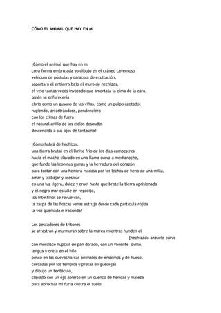 CÓMO EL ANIMAL QUE HAY EN Mí




¿Cómo el animal que hay en mi
cuya forma embrujada yo dibujo en el cráneo cavernoso
vehículo de pústulas y caracola de exultación,
soportará el entierro bajo el muro de hechizos,
el velo tantas veces invocado que amortaja la cima de la cara,
quién se enfurecería
ebrio como un gusano de las viñas, como un pulpo azotado,
rugiendo, arrastrándose, pendenciero
con los climas de fuera
el natural anillo de los cielos desnudos
descendido a sus ojos de fantasma?


¿Cómo habrá de hechizar,
una tierra brutal en el límite frío de los días campestres
hacia el macho clavado en una llama curva a medianoche,
que funde las leoninas garras y la herradura del corazón
para trotar con una hembra ruidosa por los lechos de heno de una milla,
amar y trabajar y asesinar
en una luz ligera, dulce y cruel hasta que brote la tierra aprisionada
y el negro mar estalle en regocijo,
los intestinos se revuelvan,
la zarpa de las hoscas venas estruje desde cada partícula rojiza
la voz quemada e iracunda?


Los pescadores de tritones
se arrastran y murmuran sobre la marea mientras hunden el
                                                      [hechizado anzuelo curvo
con mordisco nupcial de pan dorado, con un viviente ovillo,
lengua y oreja en el hilo,
pesco en las cuevacharcas animales de ensalmos y de hueso,
cercadas por los templos y presas en guedejas
y dibujo un tentáculo,
clavado con un ojo abierto en un cuenco de heridas y maleza
para abrochar mi furia contra el suelo
 