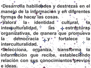 •Desarrolla habilidades y destrezas en el
manejo de la información y en diferentes
formas de hacer las cosas.
•Valora la identidad cultural, la
interculturalidad, las estructuras
organizativas, de manera que promueva
la democracia y fortalece la
interculturalidad.
•Selecciona, organiza, transforma la
información que recibe, estableciendo
relación con sus conocimientos previos
e ideas.
 