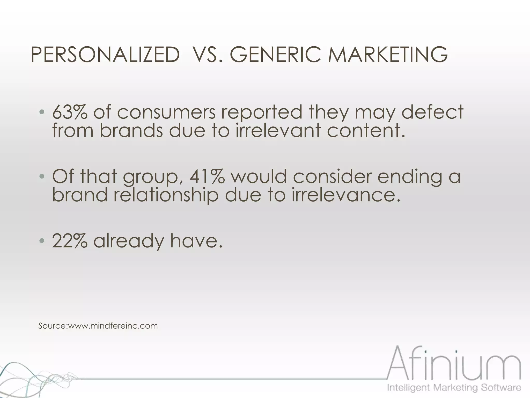 PERSONALIZED VS. GENERIC MARKETING

• 63% of consumers reported they may defect
  from brands due to irrelevant content.

• Of that group, 41% would consider ending a
  brand relationship due to irrelevance.

• 22% already have.



Source:www.mindfereinc.com
 