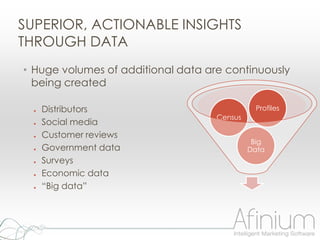SUPERIOR, ACTIONABLE INSIGHTS
THROUGH DATA
• Huge volumes of additional data are continuously
  being created

  ●   Distributors                            Profiles
                                    Census
  ●   Social media
  ●   Customer reviews
                                              Big
  ●   Government data                        Data
  ●   Surveys
  ●   Economic data
  ●   “Big data”
 