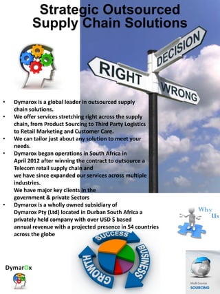 • Dymarox is a global leader in outsourced supply
chain solutions.
• We offer services stretching right across the supply
chain, from Product Sourcing to Third Party Logistics
to Retail Marketing and Customer Care.
• We can tailor just about any solution to meet your
needs.
• Dymarox began operations in South Africa in
April 2012 after winning the contract to outsource a
Telecom retail supply chain and
we have since expanded our services across multiple
industries.
We have major key clients in the
government & private Sectors
• Dymarox is a wholly owned subsidiary of
Dymarox Pty (Ltd) located in Durban South Africa a
privately held company with over USD $ based
annual revenue with a projected presence in 54 countries
across the globe..
Strategic Outsourced
Supply Chain Solutions
 