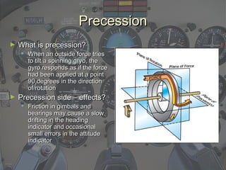 PrecessionPrecession
► What is precession?What is precession?
 When an outside force triesWhen an outside force tries
to tilt a spinning gryo, theto tilt a spinning gryo, the
gyro responds as if the forcegyro responds as if the force
had been applied at a pointhad been applied at a point
90 degrees in the direction90 degrees in the direction
of rotationof rotation
► Precession side – effects?Precession side – effects?
 Friction in gimbals andFriction in gimbals and
bearings may cause a slowbearings may cause a slow
drifting in the headingdrifting in the heading
indicator and occasionalindicator and occasional
small errors in the attitudesmall errors in the attitude
indicatorindicator
 