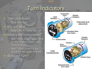 Turn IndicatorsTurn Indicators
► Turn Coordinator:Turn Coordinator:
 Rate and RollRate and Roll
► Slip and SkidSlip and Skid
 Rate ONLY – older aircraftRate ONLY – older aircraft
► What is the inclinometer?What is the inclinometer?
 Slip? Rate of turn is too slowSlip? Rate of turn is too slow
for the angle of bank, ballfor the angle of bank, ball
moves insidemoves inside
 Skid? Rate of turn is tooSkid? Rate of turn is too
great for the angle of bank.great for the angle of bank.
► Standard Turn?Standard Turn?
 