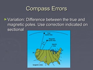 Compass ErrorsCompass Errors
►Variation: Difference between the true andVariation: Difference between the true and
magnetic poles. Use correction indicated onmagnetic poles. Use correction indicated on
sectionalsectional
 