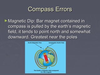Compass ErrorsCompass Errors
►Magnetic Dip: Bar magnet contained inMagnetic Dip: Bar magnet contained in
compass is pulled by the earth’s magneticcompass is pulled by the earth’s magnetic
field, it tends to point north and somewhatfield, it tends to point north and somewhat
downward. Greatest near the polesdownward. Greatest near the poles
 