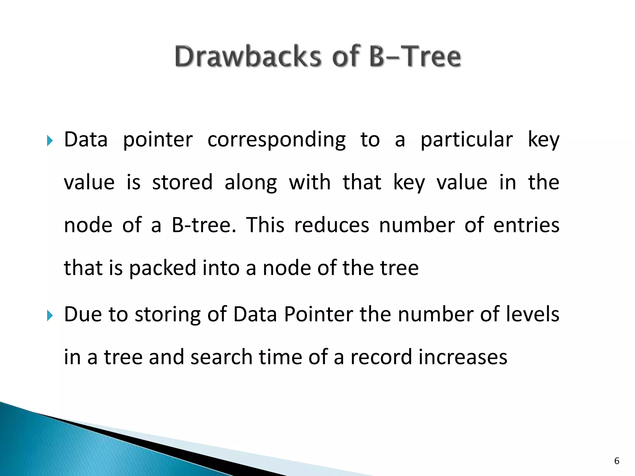  Data pointer corresponding to a particular key value is stored along with that key value in the node of a B-tree. This reduces number of entries that is packed into a node of the tree  Due to storing of Data Pointer the number of levels in a tree and search time of a record increases 6 